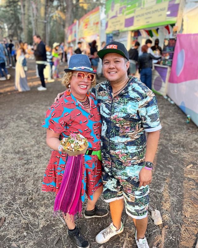 nachos from merkado and marcia gagliardi of tablehopper and Fabien Santos of Merkado at outside lands