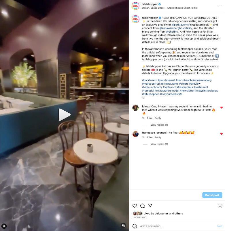 instagram screen shot of park tavern video