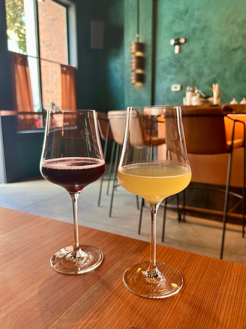 Two natural sparkling wines (in Gabriel-Glas stemware).