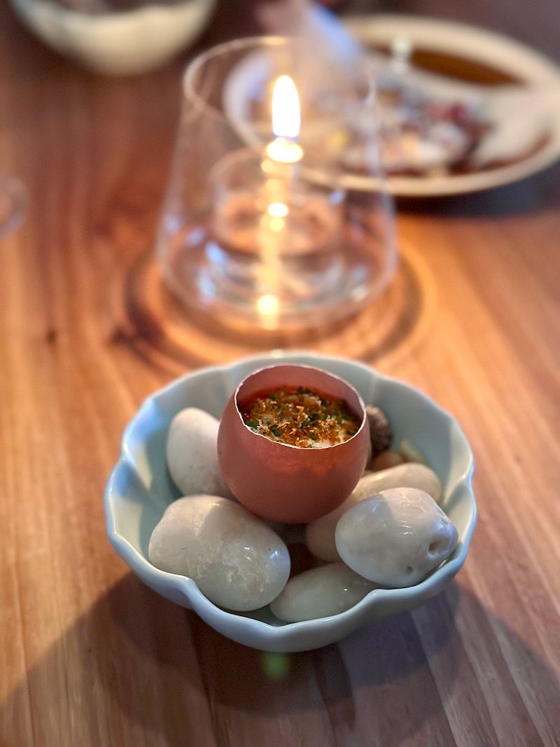 An homage to Arpège. Lightly cooked organic egg, maple syrup, sour cream, uni bottarga. El Papagayo at Turntable at Lord Stanley