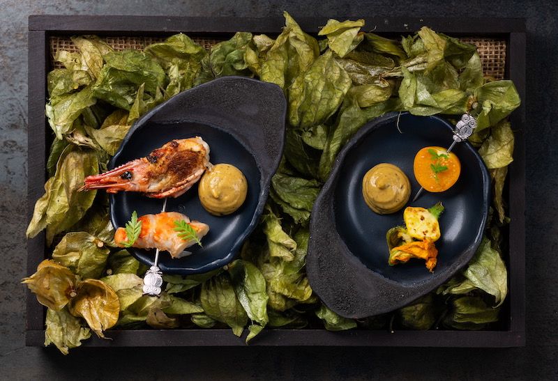 Spot prawn head fried with squash vadouvan ranch and a binchotan-grilled tail on the new snack tasting menu by Nightbird at Linden Room