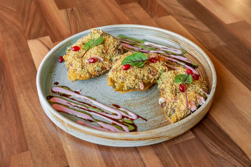 Banarasi Paan Patta Chaat (fried betel leaf topped with rose yogurt and crispies) at JAKS