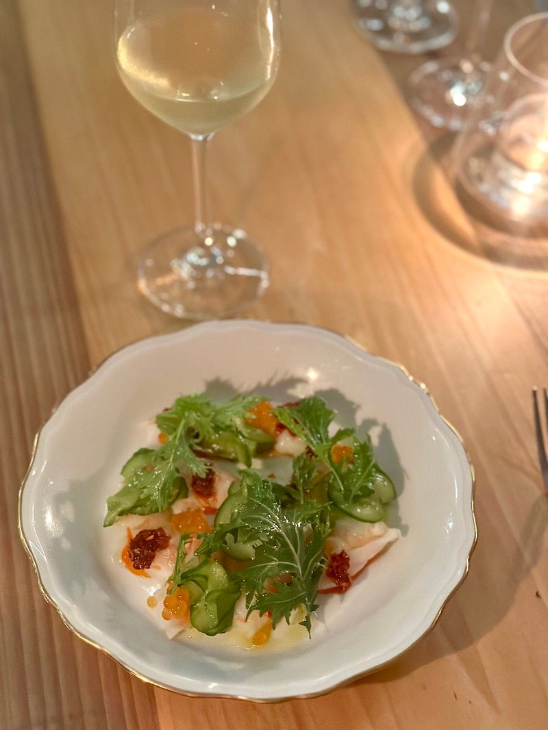poached and chilled shrimp, Persian cucumber, gochugara, and smoked trout roe
