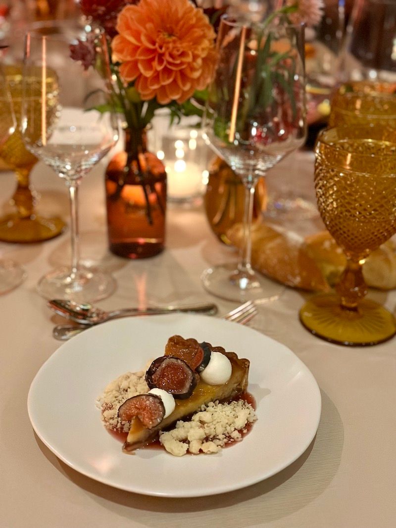 Salted honey tart with Mission fig preserves, fig leaf crème fraîche, and coconut crumble from Nopa