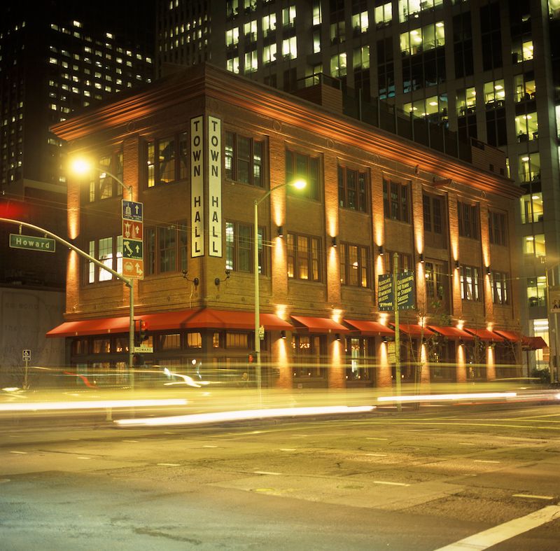 The landmark Town Hall building in SoMa at night