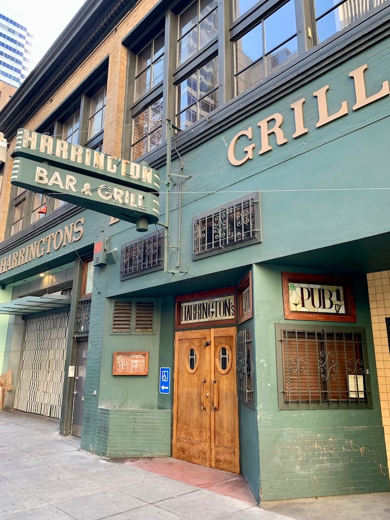 exterior of the closed-up Harrington’s Bar & Grill