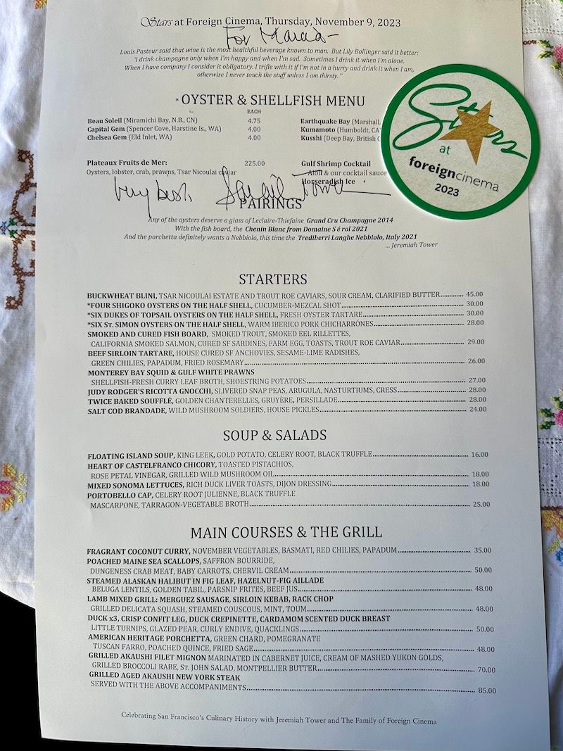 The menu for Jeremiah Tower/Stars x Foreign Cinema, November 9th, 2023. 