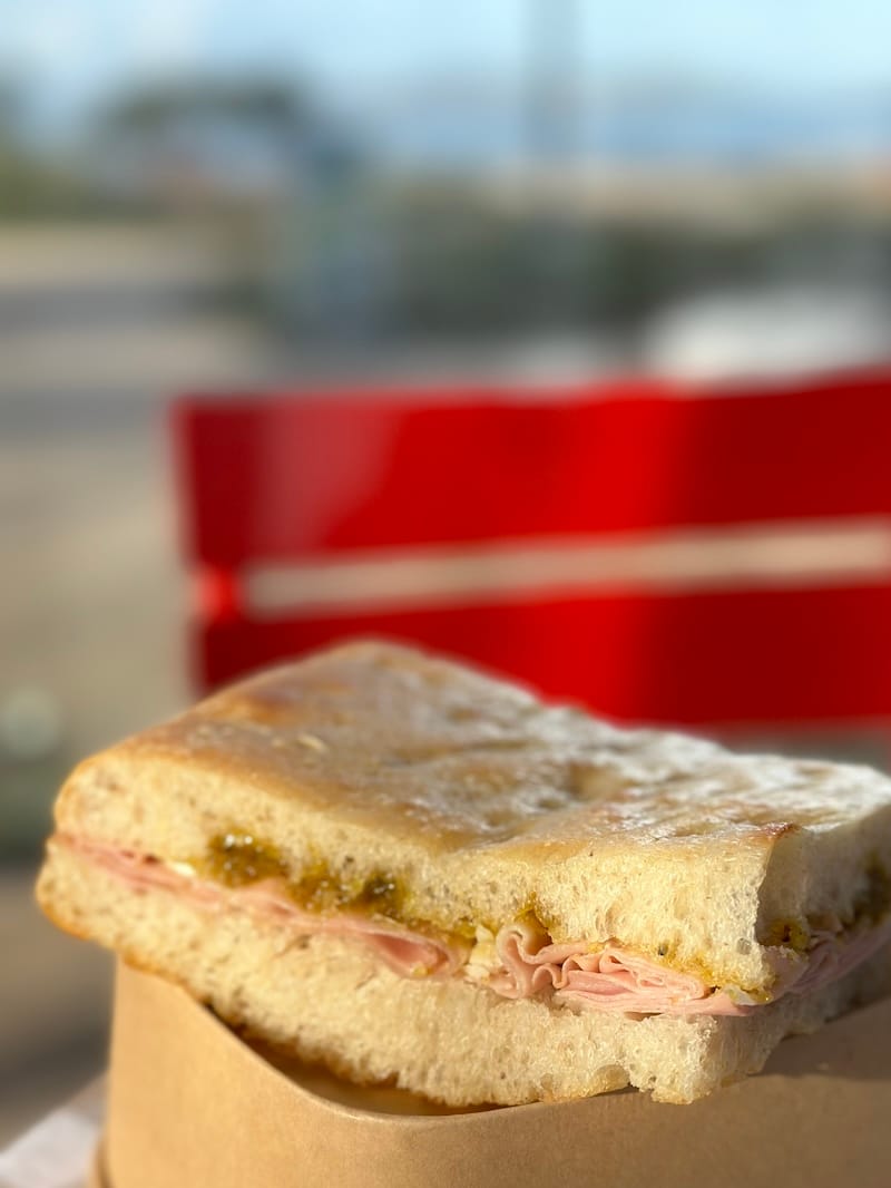 Mortadella panino on focaccia. Photo: © tablehopper.com.