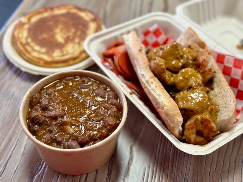 Red beans and rice (with duck!), shrimp po’boy, and a hoecake.