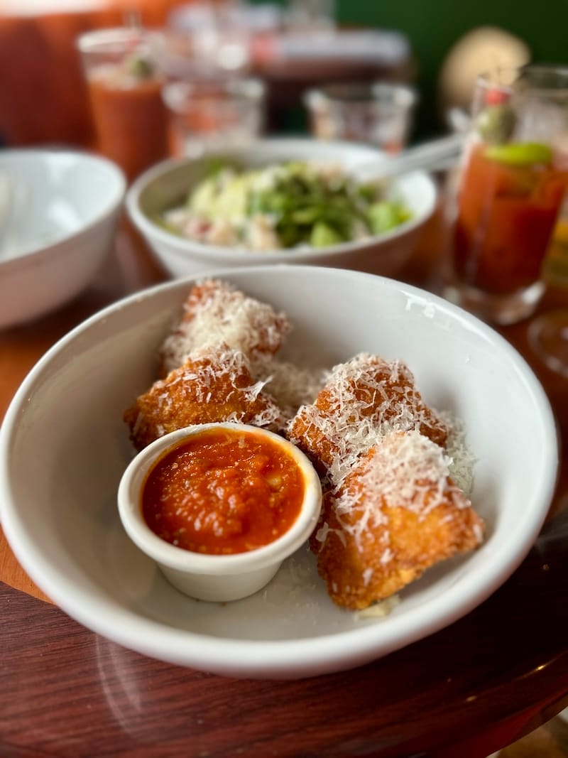 Toasted cheese ravioli with tomato sauce