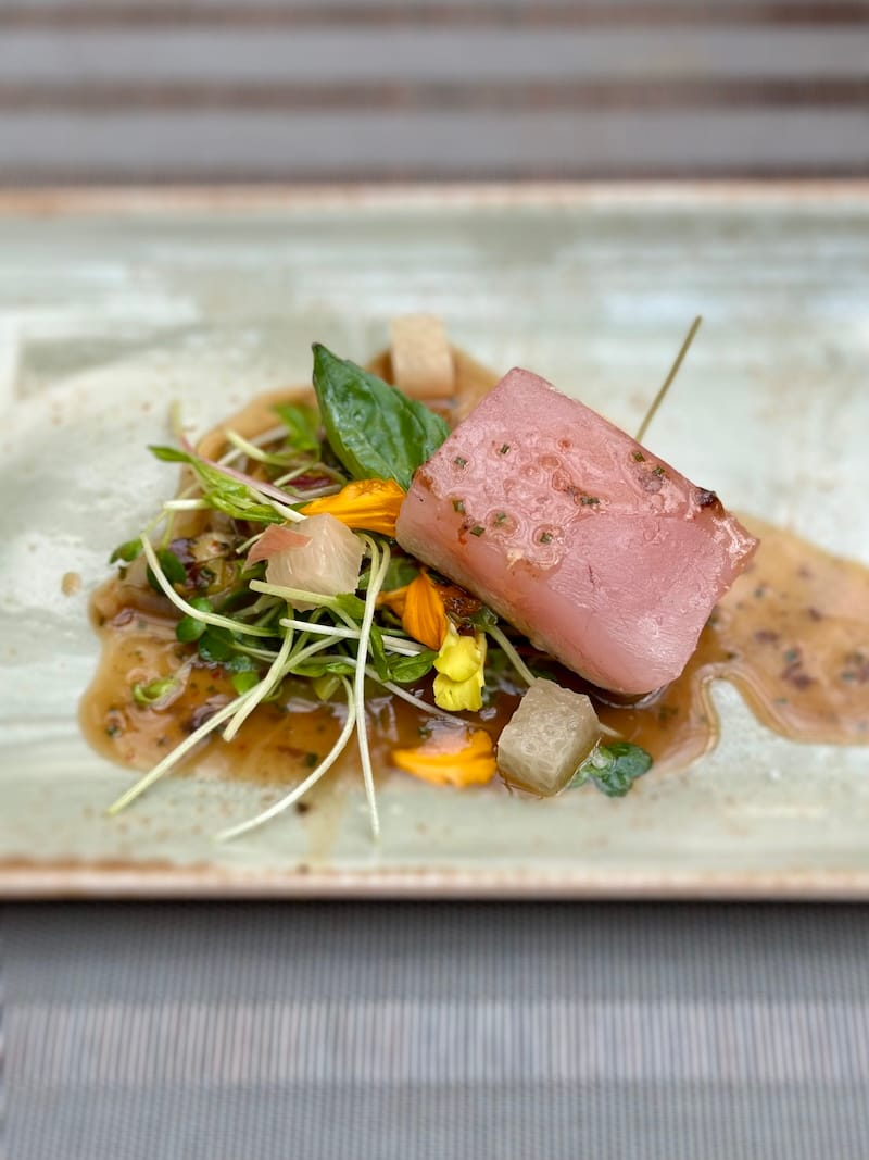 Seared albacore tuna with stewed leeks, pea shoots and dulse seaweed. Photo: © tablehopper.com.