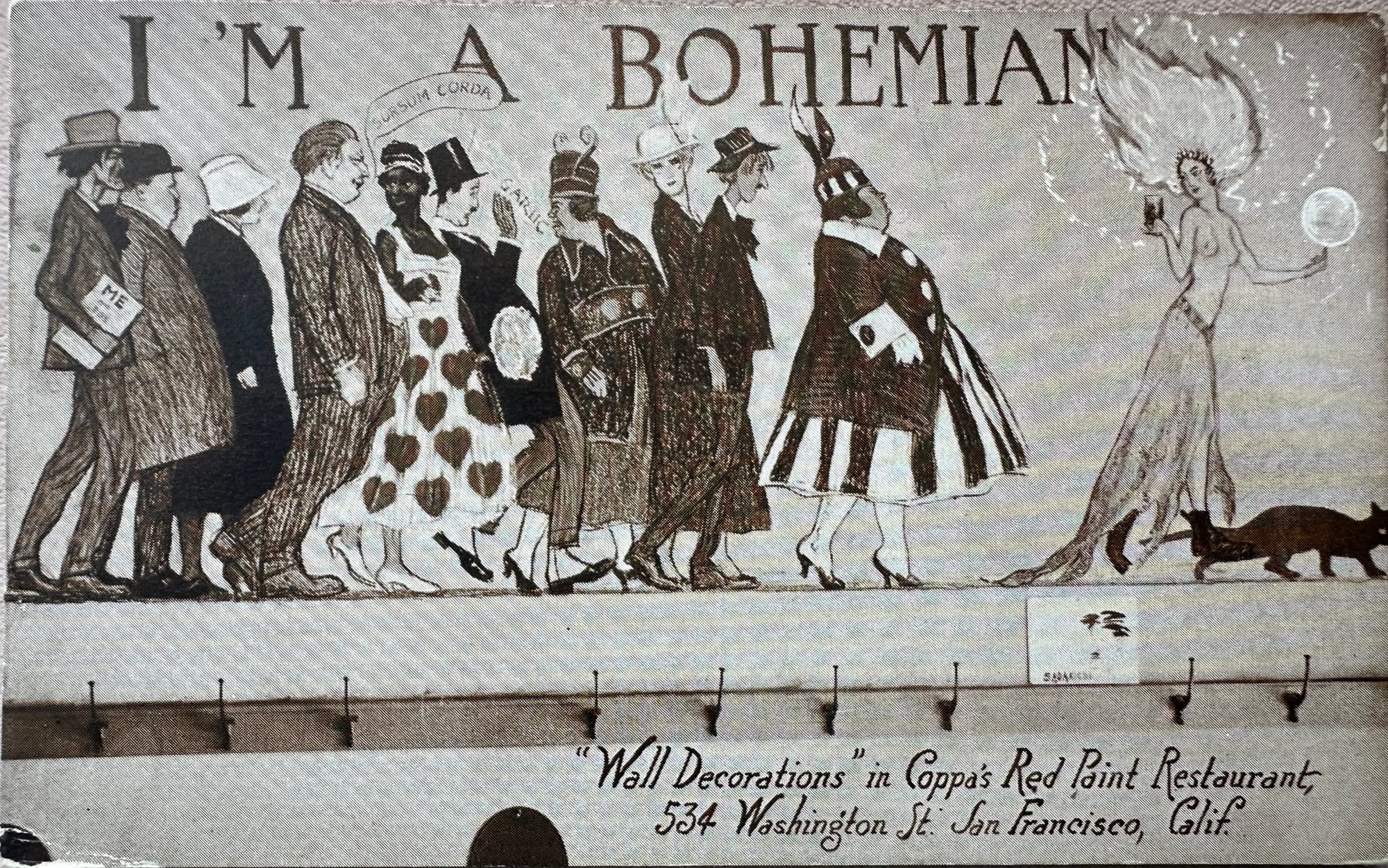  “Wall Decorations” in Coppa’s Red Paint Restaurant, 534 Washington St. From the tablehopper vintage postcard collection.