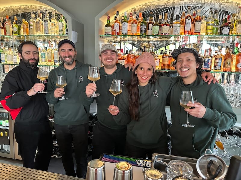 The Fisch & Flore team after passing their health inspection (yay!): Carlos Cabral, Serhat Zorlu, Efe Topçuoğlu, Irem Sahin, and Tim Luym. Photo: © tablehopper.com.