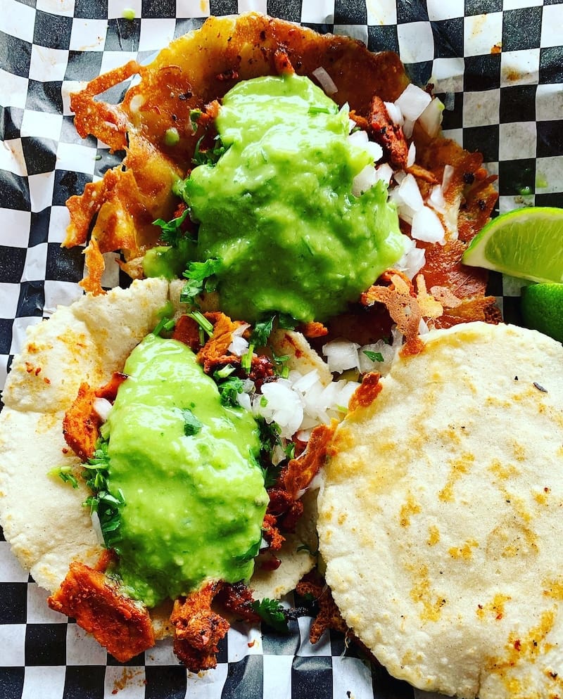 Adobada quesataco, regular taco, and a mulita from Tacos El Tucán in Richmond. Photo: © tablehopper.com.