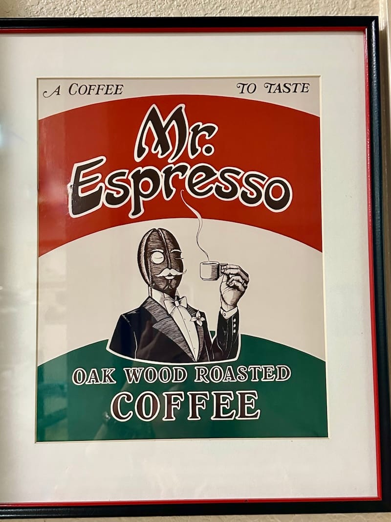 A picture of the original Mr. Espresso design, hanging in their Oakland showroom. Photo: © tablehopper.com.
