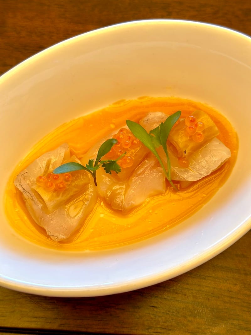 Madai, dashi ponzu, daikon, roe. Photo: © tablehopper.com.