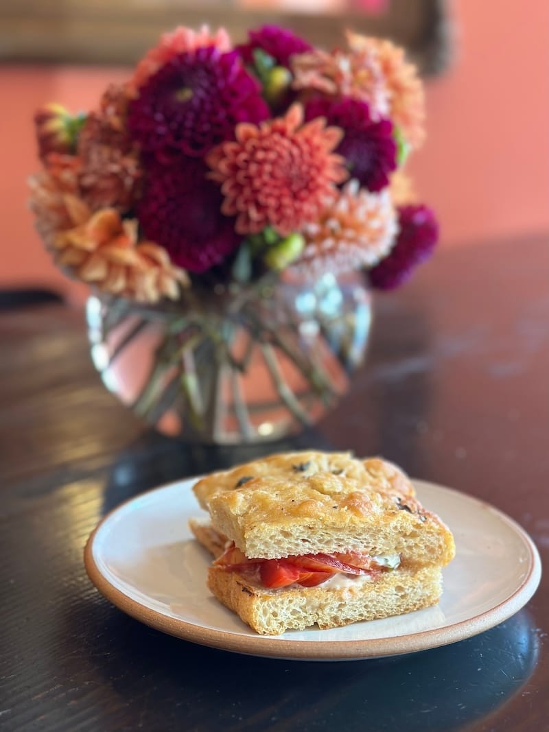 Summer tomato sando with shiso mayo and housemade focaccia at The Nosh Box. Photo: © tablehopper.com.
