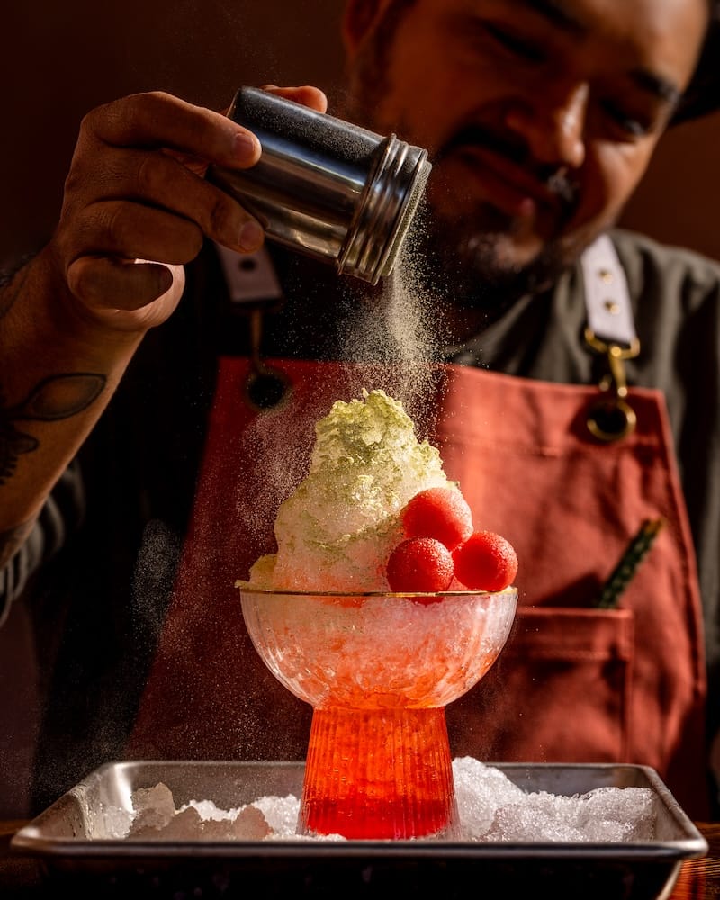The Watermelon Crayon kakigori cocktail (low-proof white rum, watermelon cordial, rosehip, vermouth, calamansi, vanilla, mint powder, garnished with housemade watermelon rind sour candies).&nbsp;Photo: Nicola Parisi.