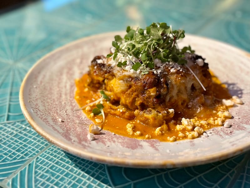 Birria lasagna at the newly opened Modí, an Italian-Mexican restaurant at the Salesforce Transit Center. Photo: © tablehopper.com.&nbsp;