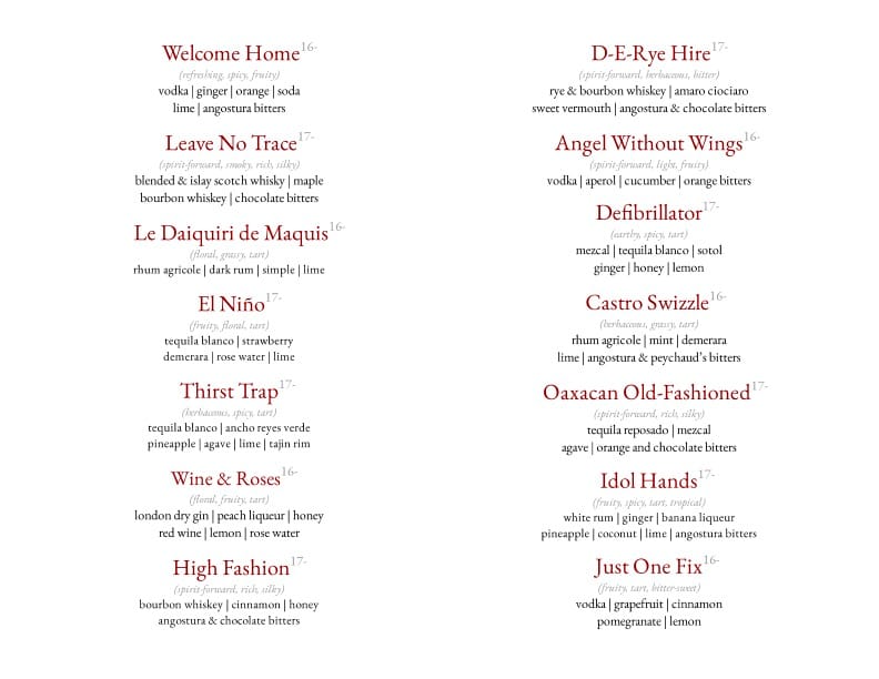 The new cocktail menu at Lobby Bar.