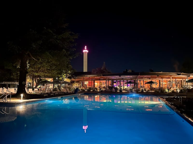 The pool at night at the Flamingo Resort & Spa. Photo: © tablehopper.com.