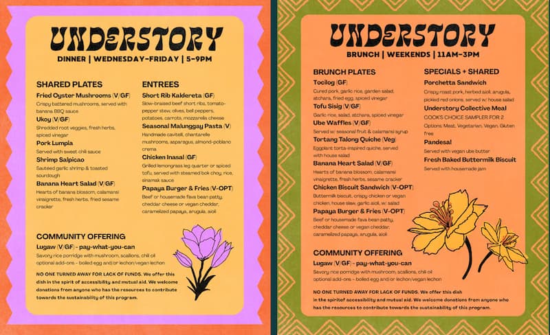 Brunch and dinner menus at the new Understory. Image courtesy of Understory.