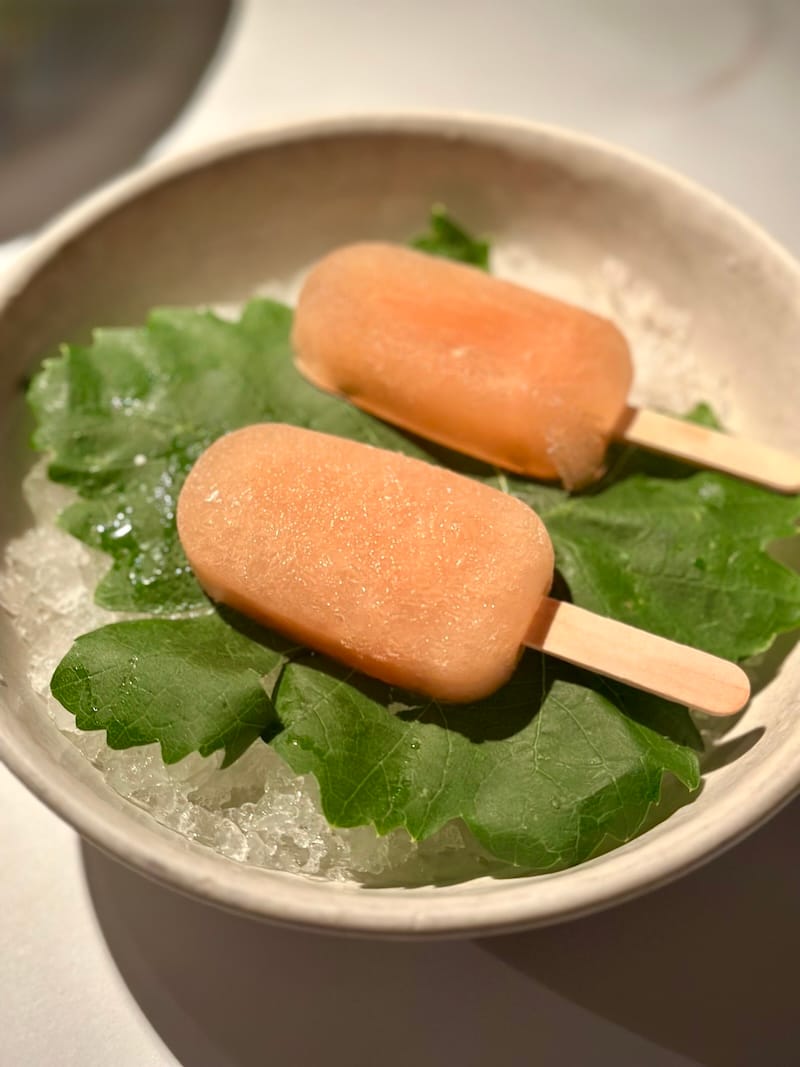 So much fun: adult popsicles from guest chef Bruce Hill at Foreign Cinema made with Brucato Chaparral amaro and ruby grapefruit (on grape leaves from chef-owner Gayle Pirie’s garden). Photo: © tablehopper.com.