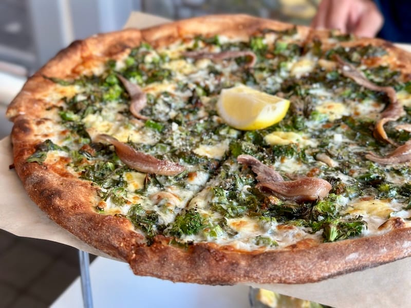 Green deluxe pizza with anchovies at Rose Pizzeria. Photo: © tablehopper.com.