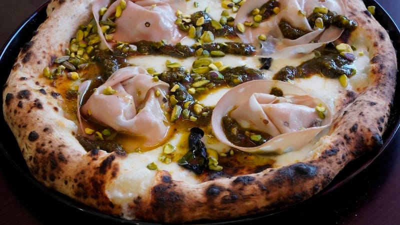 Mortadella and pistachio pizza. Photo courtesy of Steps of Rome.