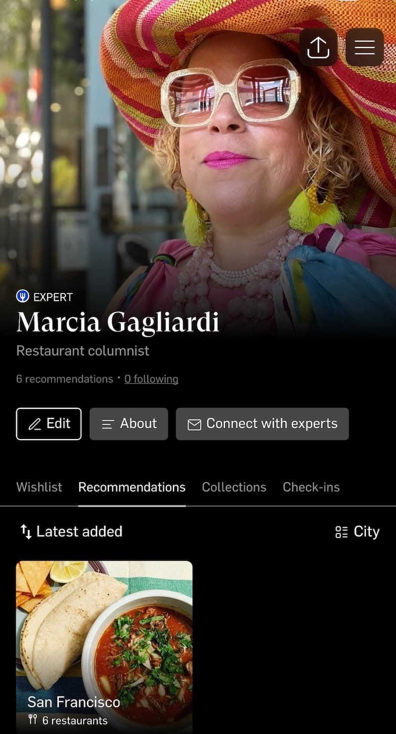 A screenshot of my profile on the World of Mouth app. Photo: © tablehopper.com.