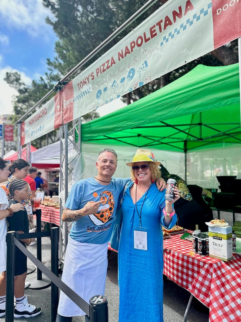 13-time World Pizza Champion, restaurateur, and festival creator Tony Gemignani with Marcia at the 2024 SF Pizza, Bagel, & Beer Festival. Photo ⓒ tablehopper.