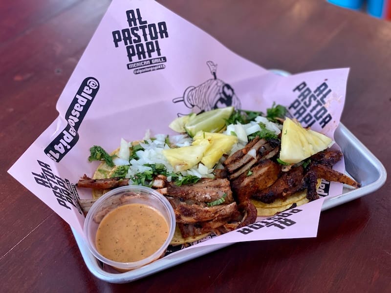 Tacos al pastor de trompo. Photo: Olivia Casellini for tablehopper.com.