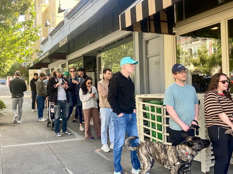 The Saturday morning line at Bones Bagels. Photo: Olivia Casellini for tablehopper.com.