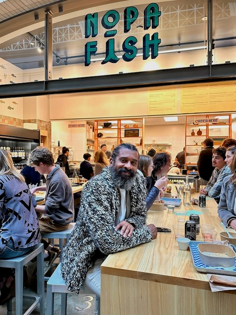 George McCalman—the artist, creative director, and co-principal of McCalman.Co (who led branding and design for Nopa Fish)—at the preview party. Photo: © tablehopper.com.