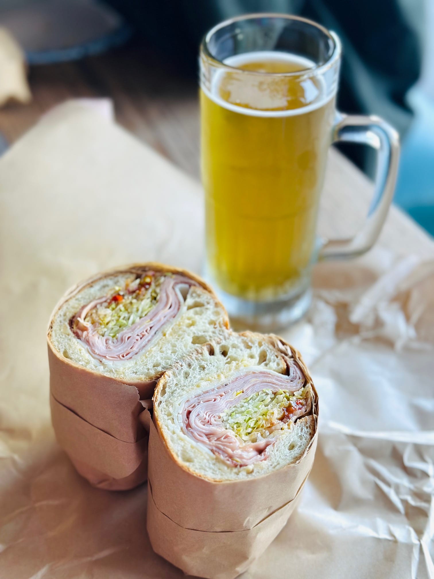 Happiness is a Fanucchi from Rozmary’s Kitchen with a Frostee of Kolsch at Standard Deviant’s new brewery and taproom at Pier 70. Photo: © tablehopper.com.