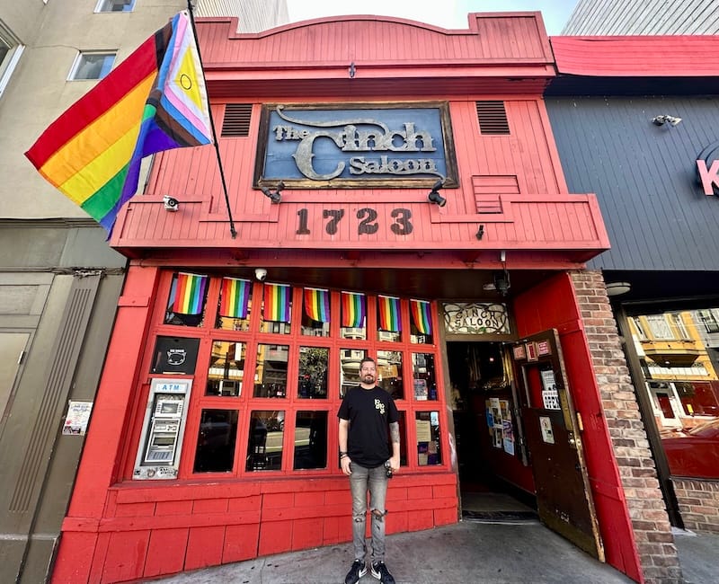 The Cinch Saloon’s new owner, Scott Taylor, in front of the last gay bar on Polk Street. Photo: © tablehopper.com.