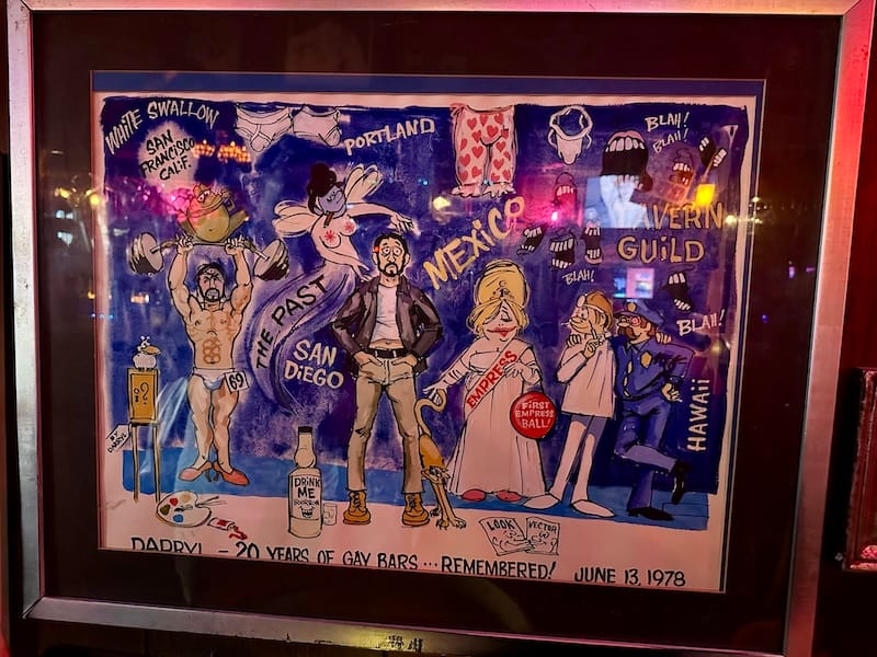 Historic artwork on the walls at The Cinch: “20 years of gay bars, remembered!”&nbsp;(From 1978!) Photo: © tablehopper.com.
