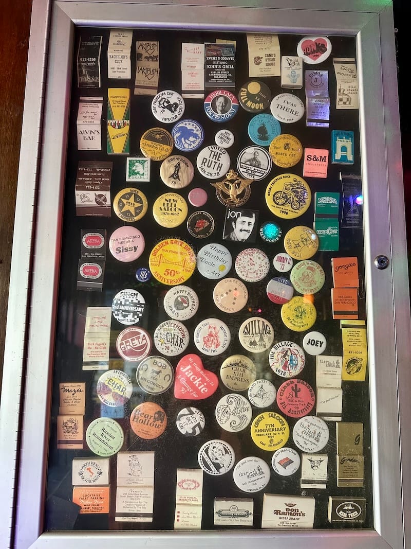 Vintage matchbooks and buttons on display on the wall in the front room. Photo: © tablehopper.com.