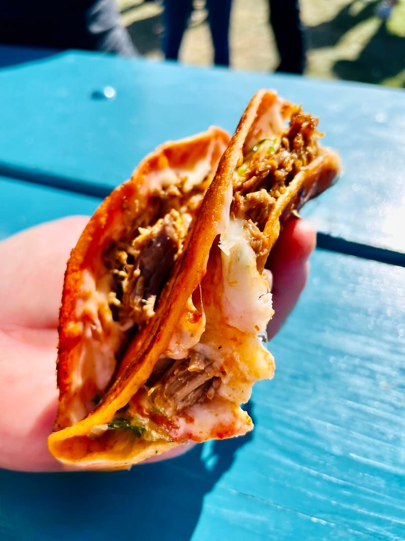 A quesabirria taco from El Garage at Outside Lands in 2022. Photo: © tablehopper.com.