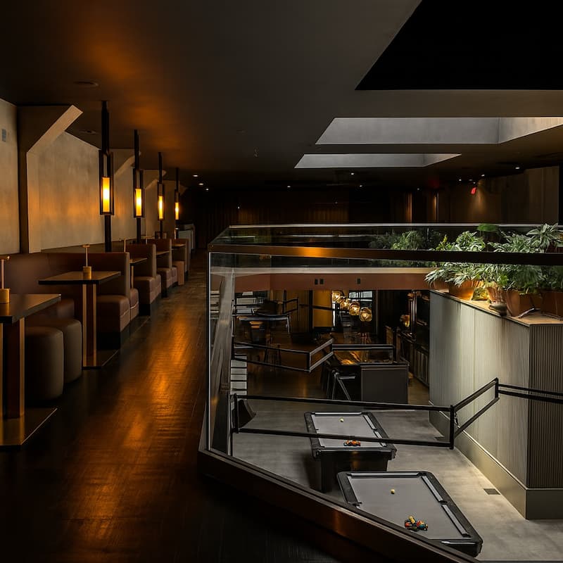 A view of the mezzanine and downstairs pool tables. Photo courtesy of The Hall.