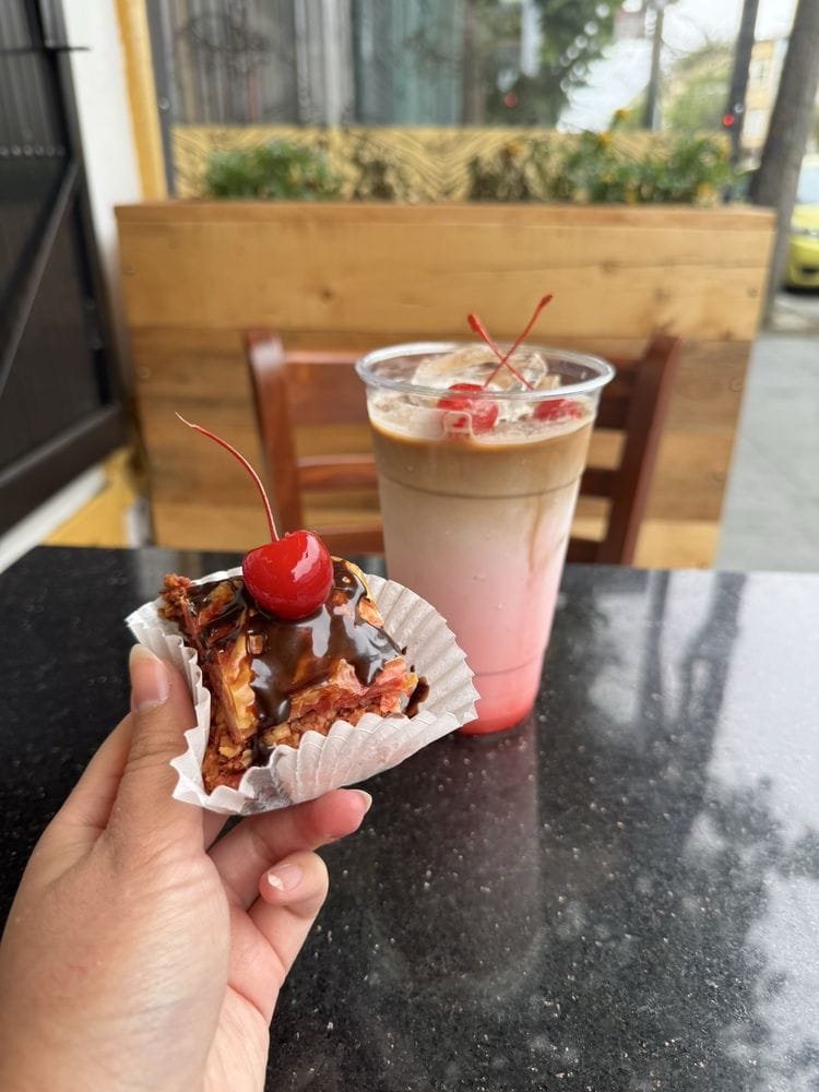 Chocolate cherry almond baklava and an iced cherry latte at Café Velora. Yelp photo by Cheri L.