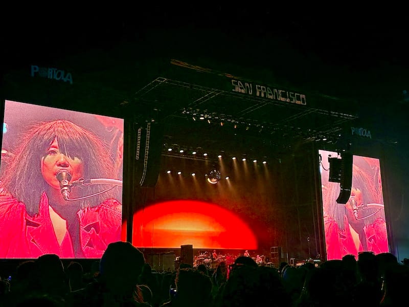 Nancy Whang and LCD Soundsystem on Saturday’s Pier Stage. Photo: © tablehopper.com. PORTOLA 2025