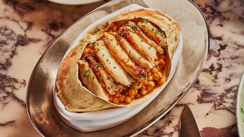 Whole Dungeness crab with fregola risotto, crab fat, and uni butter. Photo: Michelle Min.