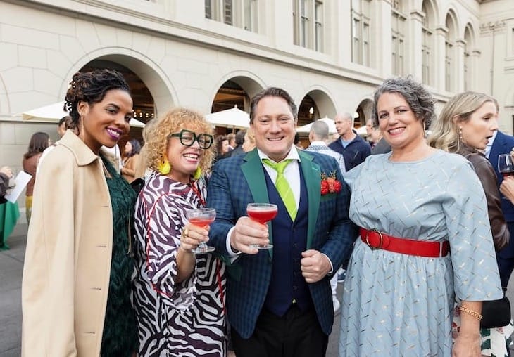 You know you want to say cheers to Foodwise at the annual Sunday Supper! Pictured: tablehopper editorial assistant Savannah Leone Bundy, your hopper, emcee Liam Mayclem, and my sister, Erica Gagliardi. Photo courtesy of Foodwise. 