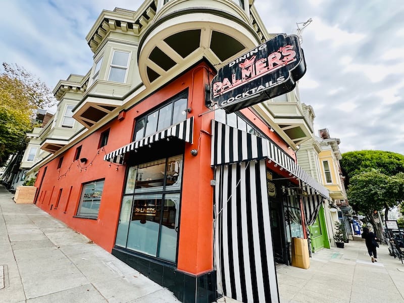 The Palmer’s Tavern neon sign is illuminated once again at the corner of Fillmore and Clay. Photo: © tablehopper.com.