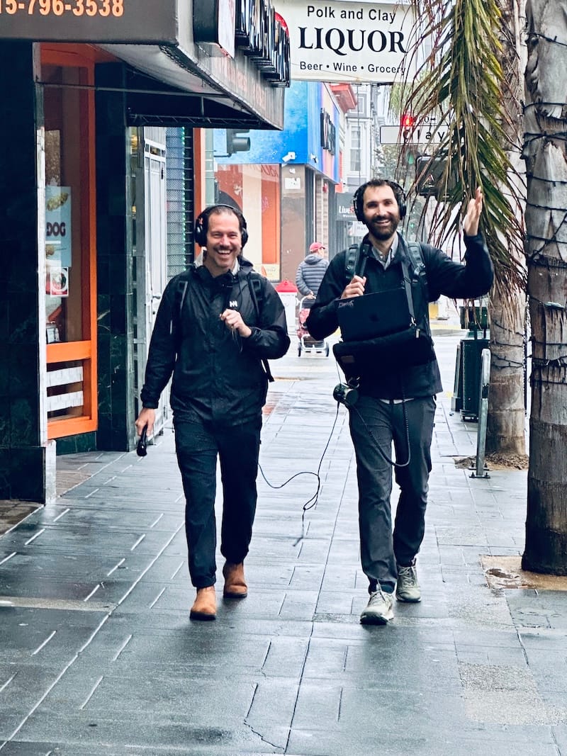 The Roll Over Easy duo rocking up Polk Street to meet me at Bob’s Donuts while broadcasting their weekly show live on BFF.com. Photo: © tablehopper.com.