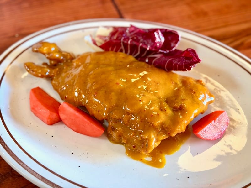 Chicken-fried chicken (!) with The Memphis honey gold and Koolickles. Photo: © tablehopper.com.