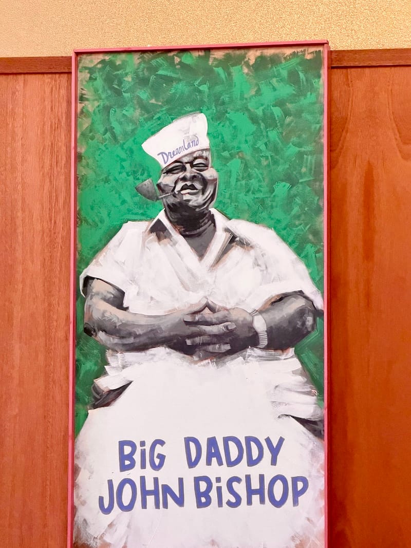 An amazing portrait of John “Big Daddy” Bishop of Dreamland BBQ in Alabama at Chicken Fried Palace; painting by Johnny Dismal. Photo: © tablehopper.com.