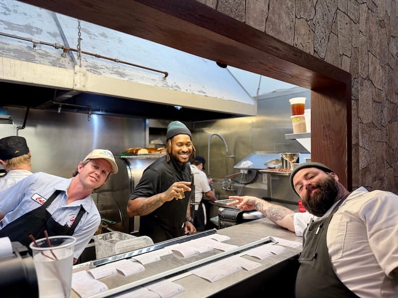 Co-chef Cole Jeanes, chef de cuisine Dutch Holland, and co-chef Seth Stowaway on day one at Chicken Fried Palace. Photo: © tablehopper.com.