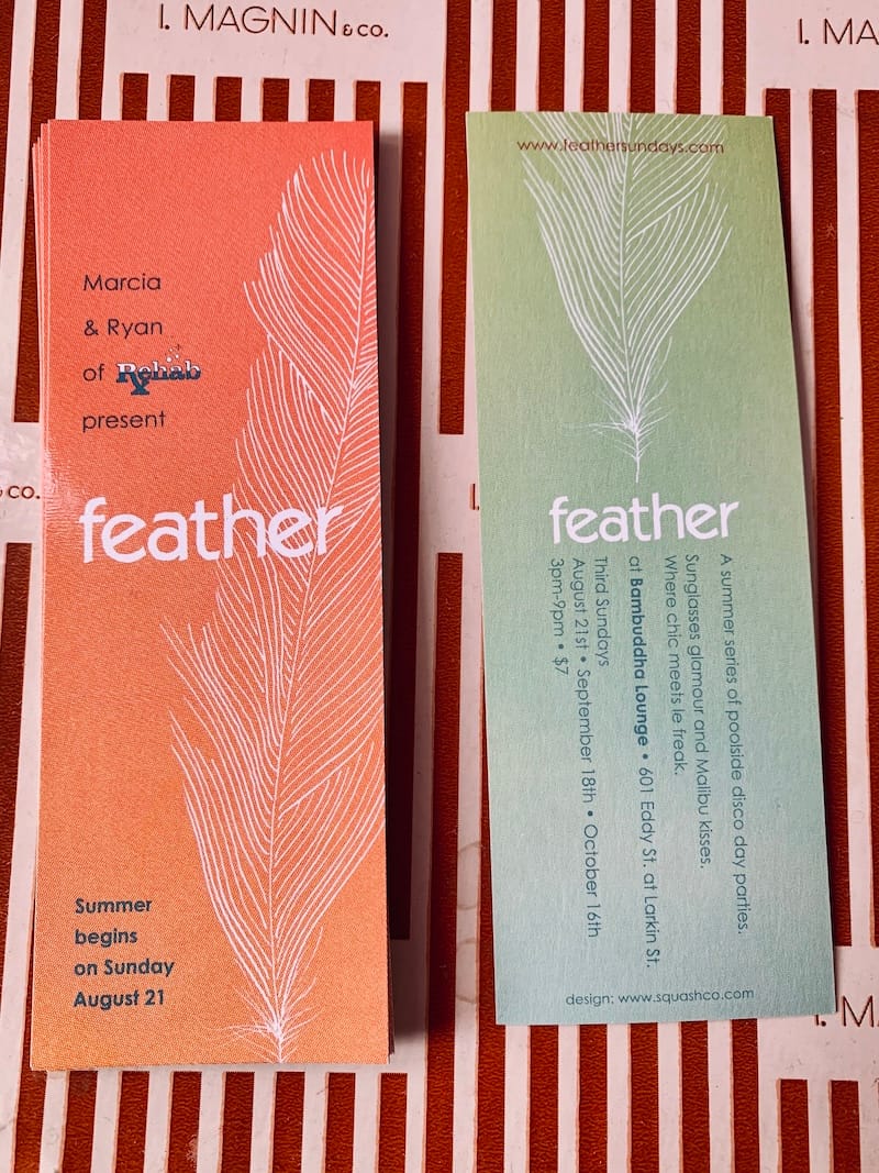 The flyers from our Feather party, designed by squashco. Photo: © tablehopper.com.